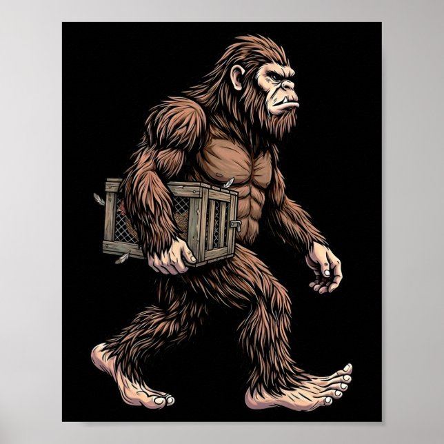 Póster Bigfoot llevando caja de pollos granja Sasquatch H (Frente)