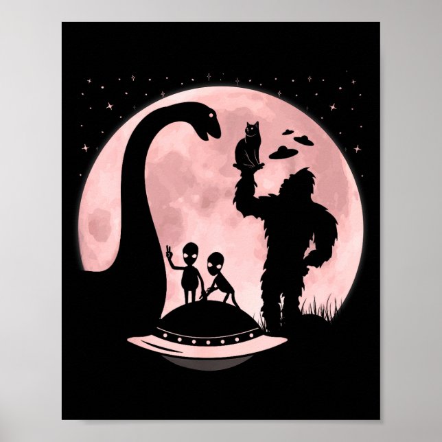 Póster Bigfoot Loch Ness Monster Sasquatch Cat Ufo Funny  (Frente)