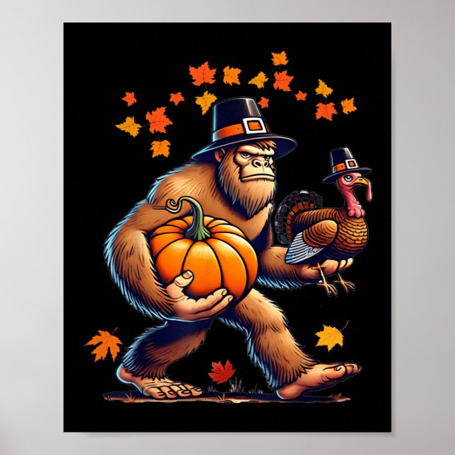 Póster Bigfoot Pilgrim Hat Turkey Day Pumpkin Thanksgivin (Frente)