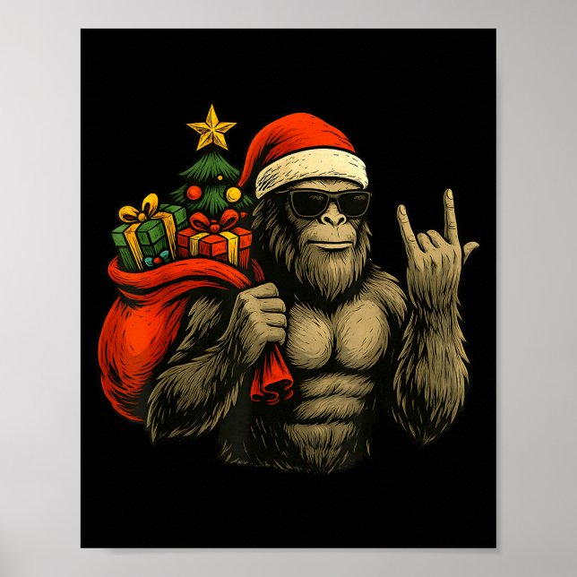 Póster Bigfoot Santa Christmas Tree Rock On Funny Xmas Sa (Frente)