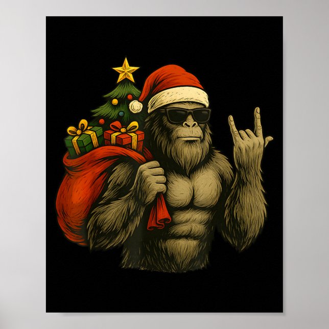 Póster Bigfoot Santa Christmas Tree Rock On Funny Xmas Sa (Frente)