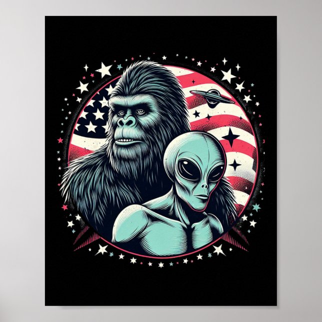Póster Bigfoot Sasquatch Alien Amp Bigfoot Usa Flag Fathe (Frente)