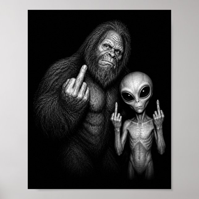 Póster Bigfoot Sasquatch Alien Espacial Dedo Medio  (Frente)