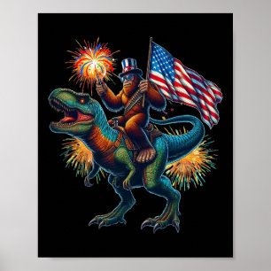 Póster Bigfoot Sasquatch Riding Dinosaur T Rex. Gracioso