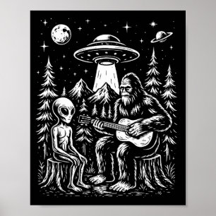 Póster Bigfoot tocando la guitarra con alienígena y ovni