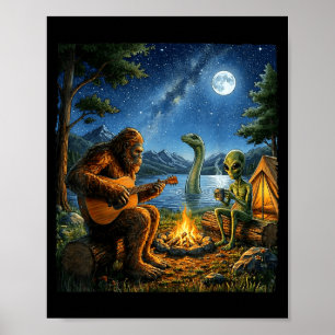 Póster Bigfoot Y Alien Loch Ness Fogata Sasquatch Diversi