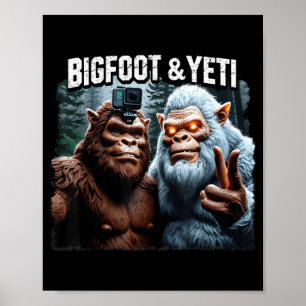 Póster Bigfoot y yeti selfie bosque retro naturaleza