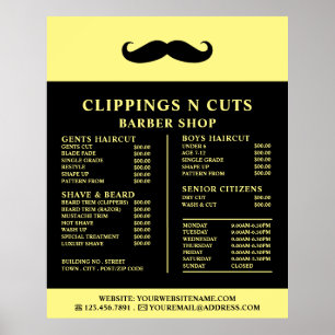 Póster Bigote Negro, Lista de Precios de Barbería de Homb
