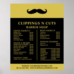 Póster Bigote Negro, Lista de Precios de Barbería para Ho