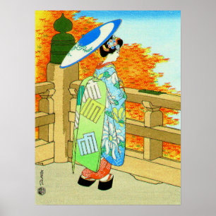 Póster Bijin y Arce Rojo Hasegawa Sadanobu III 1950s