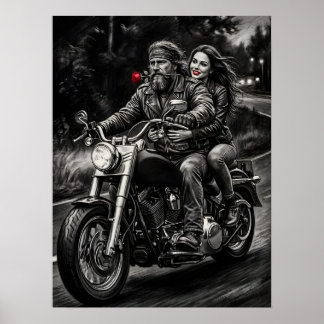 Póster Biker Couple Motorcycle Night Ride Romance 