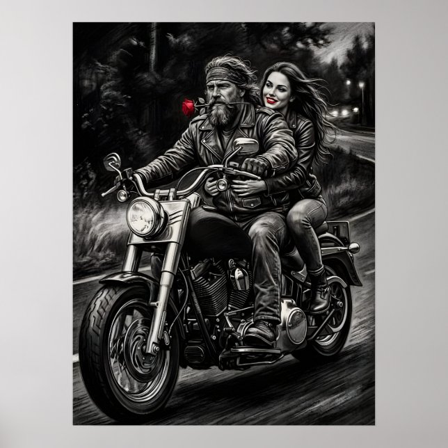 Póster Biker Couple Motorcycle Night Ride Romance  (Frente)