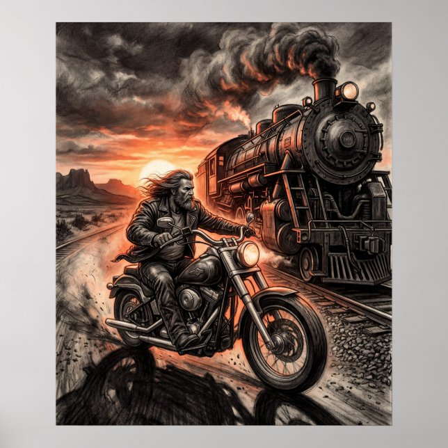 Póster Biker Races Steam Train Desert Sunset Charcoal Art (Frente)