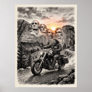 Póster Biker Rides Past Mount Rushmore Presidents Sunset 