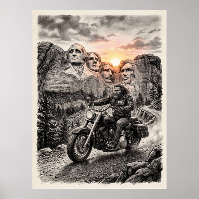 Póster Biker Rides Past Mount Rushmore Presidents Sunset  (Frente)