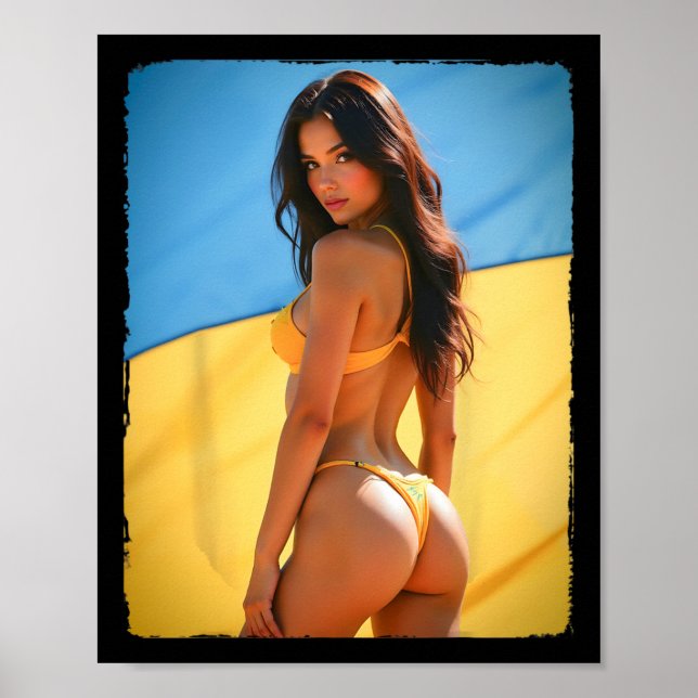 Póster Bikini Bybe - Y Brunette Bybe Y Bandera De Ucrania (Frente)