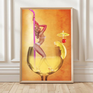 Póster Bikini Woman Inside Cocktail Glass Wall Art, Retro