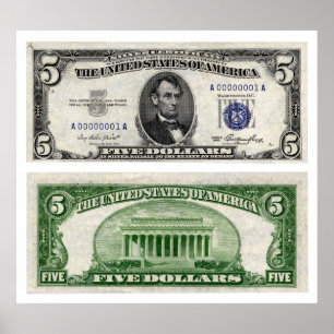 Póster Billete de 5 dólares, certificado de plata, serie 
