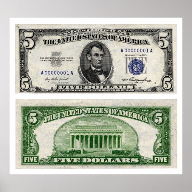 Póster Billete de 5 dólares, certificado de plata, serie  (Frente)