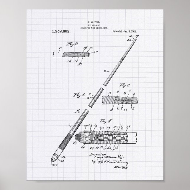 Póster Billiard Cue 1918 Patent Art - Lined Peper (Frente)