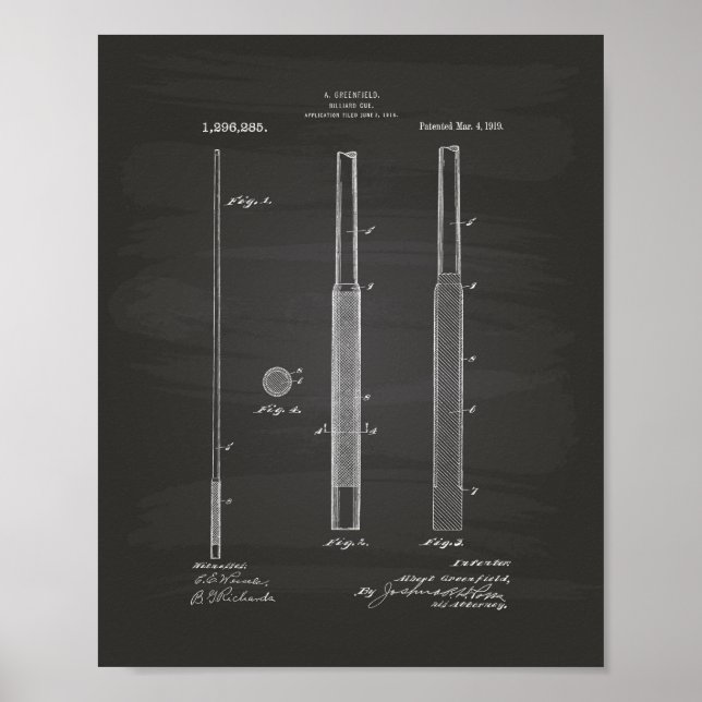 Póster Billiard Cue 1919 Patent Art - Chalkboard (Frente)