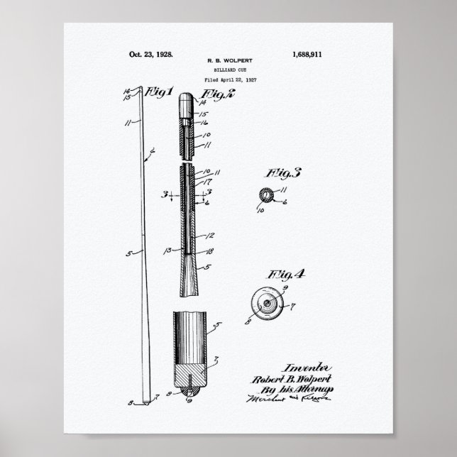 Póster Billiard Cue 1928 Patent Art - Libro Blanco (Frente)
