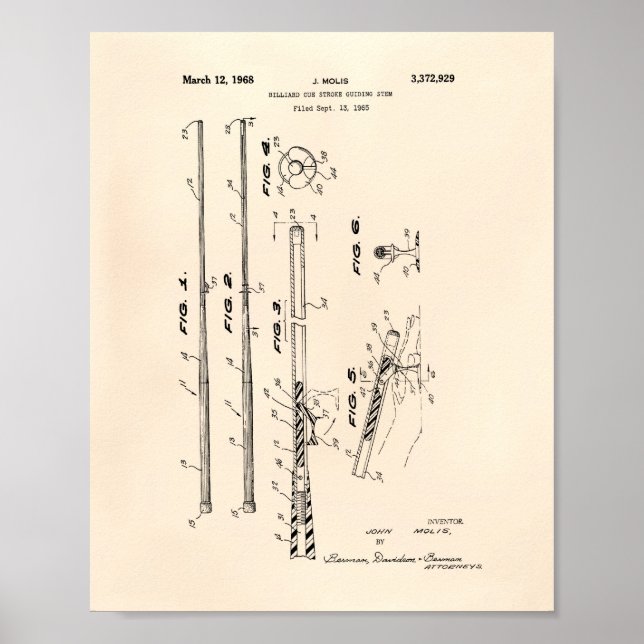 Póster Billiard Cue Guiding 1968 Patent Art - Old Peper (Frente)