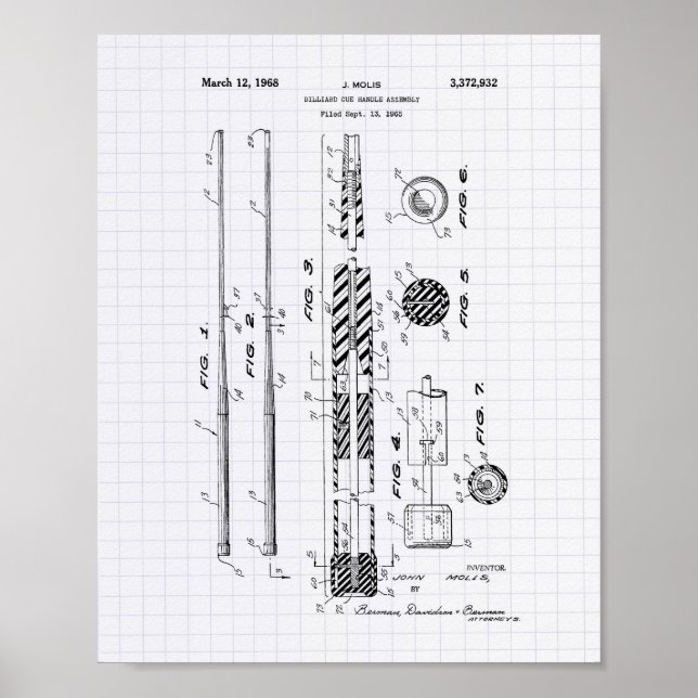 Póster Billiard Cue Handle 1968 Patent Art - Lining Peper (Frente)