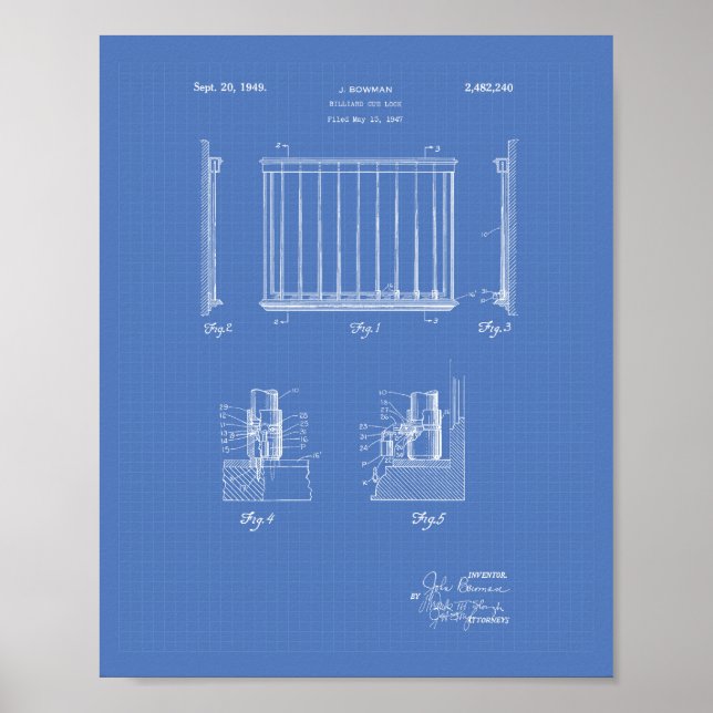 Póster Billiard Cue Lock 1949 Patent Art - Blueprint (Frente)