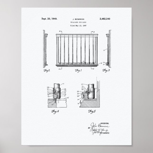 Póster Billiard Cue Lock 1949 Patent Art - Libro Blanco (Frente)