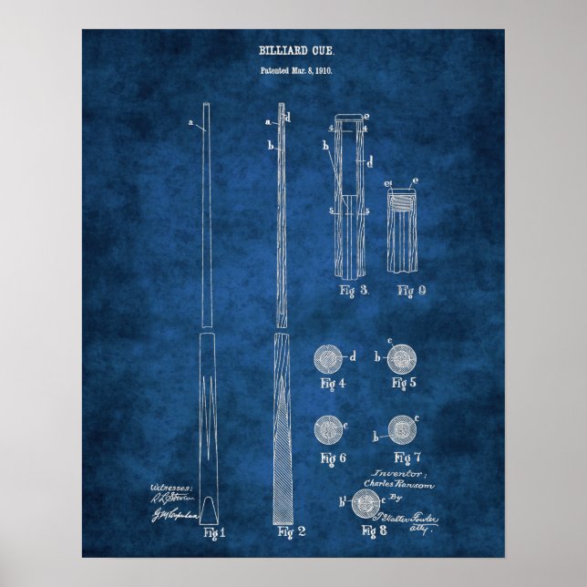 Póster Billiard Cue Patent Blueprint no. 4 Pool Room Art (Frente)