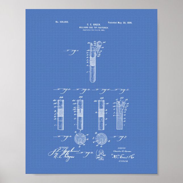 Póster Billiard Cue Tip 1899 Patent Art - Blueprint (Frente)