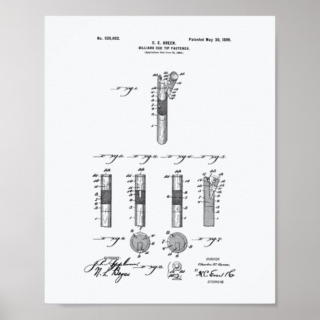 Póster Billiard Cue Tip 1899 Patent Art - Libro Blanco (Frente)
