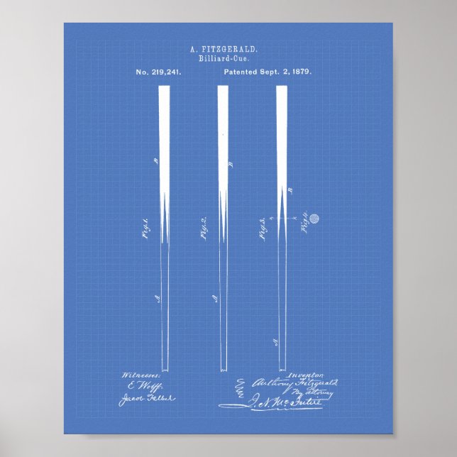 Póster Billiard Cues 1879 Patent Art - Blueprint (Frente)
