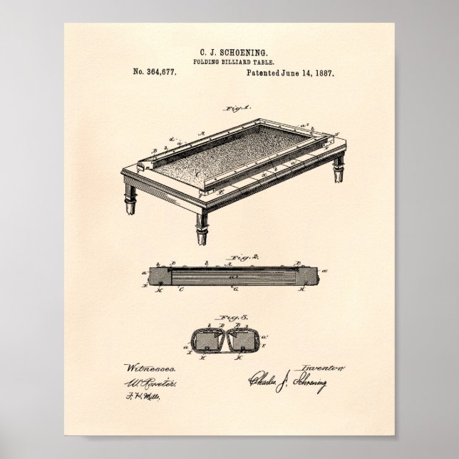 Póster Billiard Table 1887 Patent Art - Old Peper (Frente)