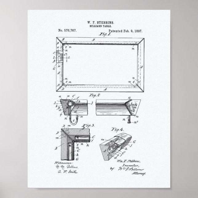 Póster Billiard Table 1897 Patent Art - White Paper (Frente)