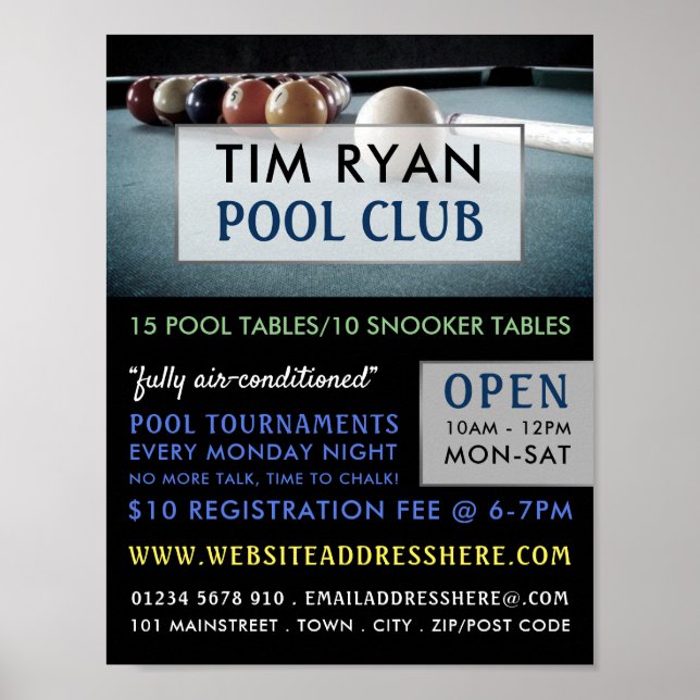 Póster Billiards Table, Pool, Snooker Club Advertising (Frente)