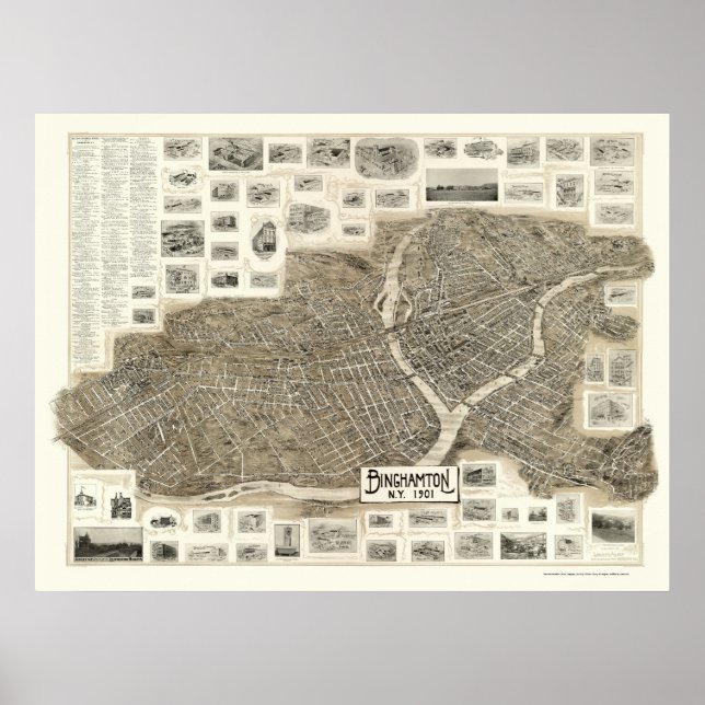 Póster Binghamton, Mapa Panorámico de Nueva York - 1901 (Frente)