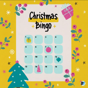 Póster Bingo de Navidad Ilustrativo Amarillo y Rosa