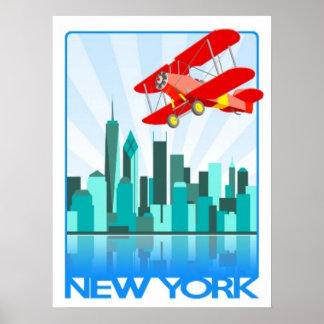Póster Biplano rojo sobre el diseño retro de Nueva York
