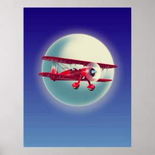 Póster Biplano rojo vintage