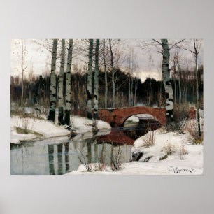 Póster Birch tree forest winter replica painting poster