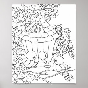 Póster Bird Birdhouse floral tree art colorido adulto