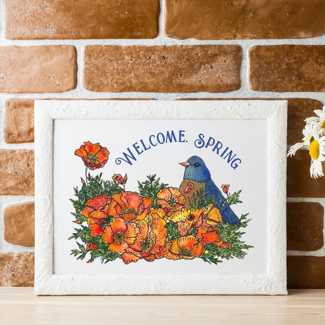 Póster Bird de bienvenida y flores descargables (Welcome Spring Bird in Flowers Art Print)