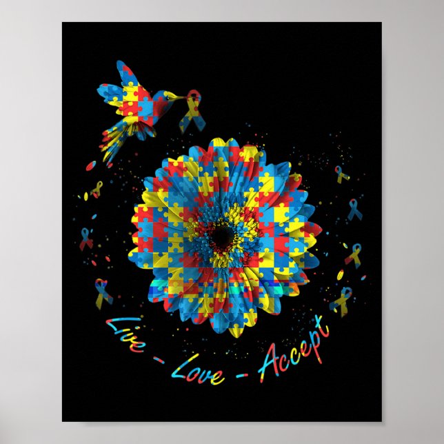 Póster Bird Flower Ribbon Puzzle Live Love Acepta Autismo (Frente)