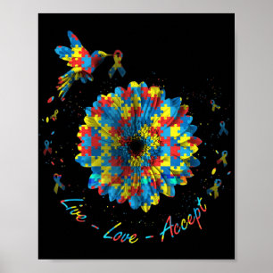 Póster Bird Flower Ribbon Puzzle Live Love Acepta Autismo