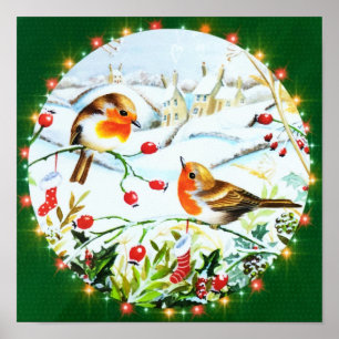 Póster Bird Robin Couple Winter Holly Christmas