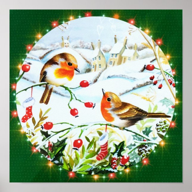 Póster Bird Robin Couple Winter Holly Christmas (Frente)