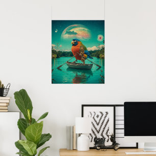 Póster Bird Steampunk Rowing Surreal Lake Cosmic