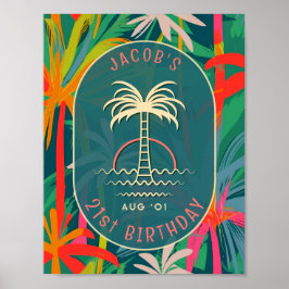 Póster Birday Beach fiesta palmera Tree sunset Watercolor
